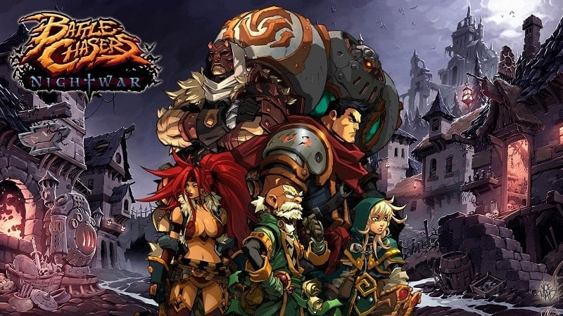 alt: Hình ảnh game Battle Chasers: Nightwar hiển thị giao diện chiến đấu đầy kịch tính với các nhân vật được thiết kế chi tiết và hiệu ứng đẹp mắt.