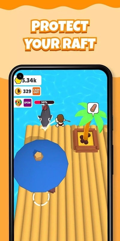 Alt: Hình ảnh game Bitcoin Castaway, người chơi đang chiến đấu với cá mập