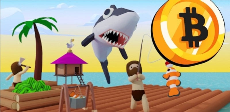 Alt: Hình ảnh game Bitcoin Castaway, người chơi đang đứng trên bè gỗ giữa đại dương