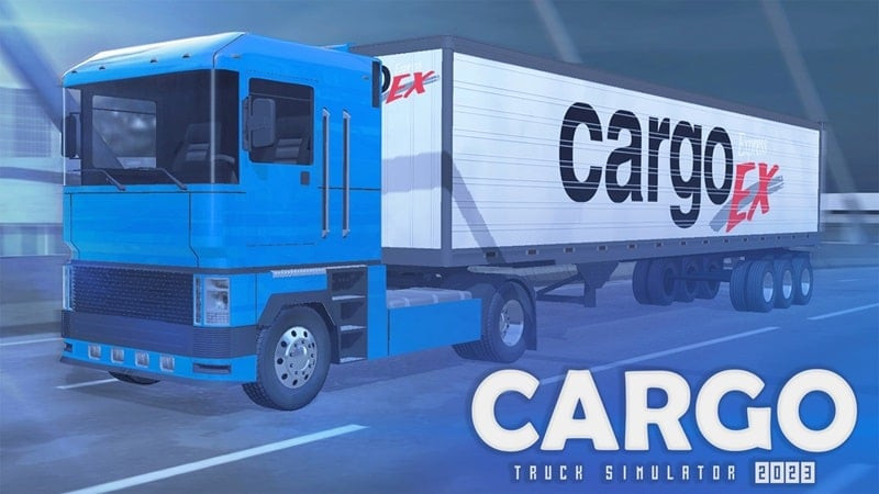 alt: Hình ảnh game Cargo Truck Simulator 2023 hiển thị một chiếc xe tải đang di chuyển trên đường cao tốc.