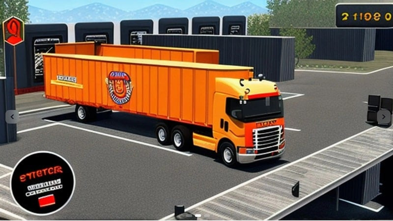 alt: Hình ảnh game Cargo Truck Simulator 2023 mô tả một chiếc xe tải đang di chuyển trên đường trong điều kiện thời tiết xấu.