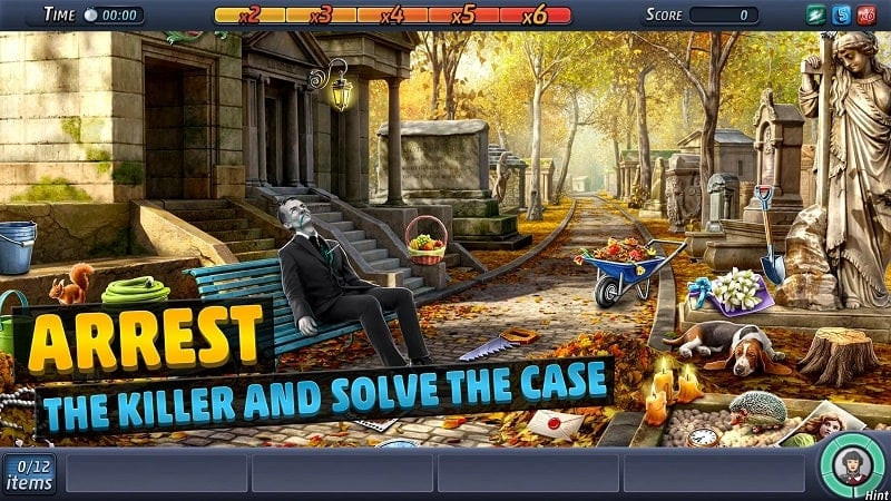 alt: Hình ảnh game Criminal Case: Paris cho thấy giao diện tìm kiếm đồ vật tại hiện trường vụ án.