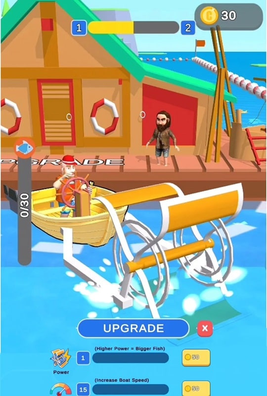 The old fisherman stands on his boat with a beautiful ocean view in Fishing Survival MOD APK.