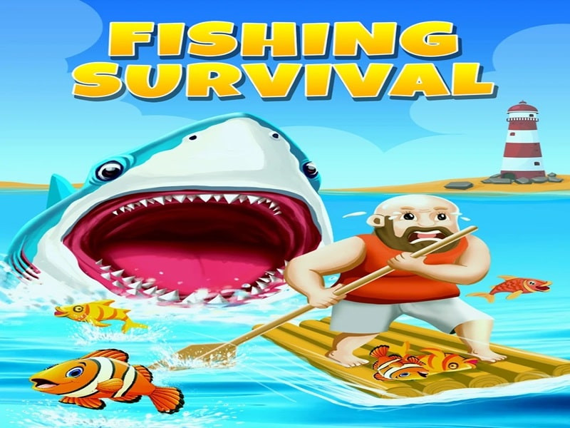 alt: Hình ảnh game Fishing Survival, một ông lão đang câu cá trên thuyền giữa biển khơi bao la.