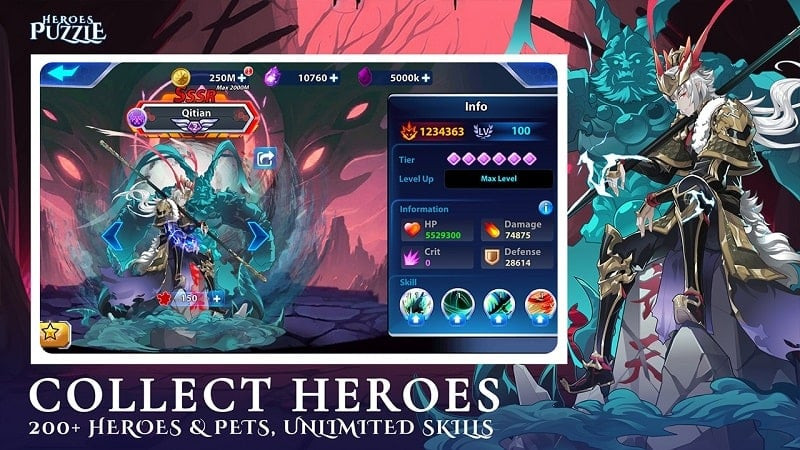 alt: Hình ảnh game Heroes & Puzzles cho thấy một nhân vật anh hùng với thiết kế ấn tượng.