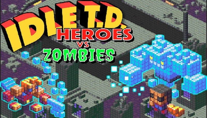 alt: Hình ảnh game Idle TD: Heroes vs Zombies hiển thị giao diện chiến đấu với các anh hùng và zombie.