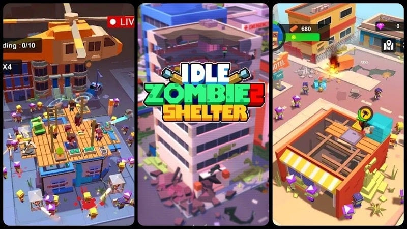 alt: Hình ảnh game Idle Zombie Shelter hiển thị giao diện chính với các tòa nhà và zombie