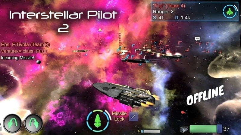 alt: Hình ảnh game Interstellar Pilot 2 với phi thuyền không gian đang bay trong vũ trụ