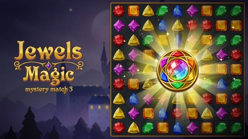 alt: Hình ảnh game Jewels Magic: Mystery Match3 với giao diện bắt mắt, kim cương lấp lánh