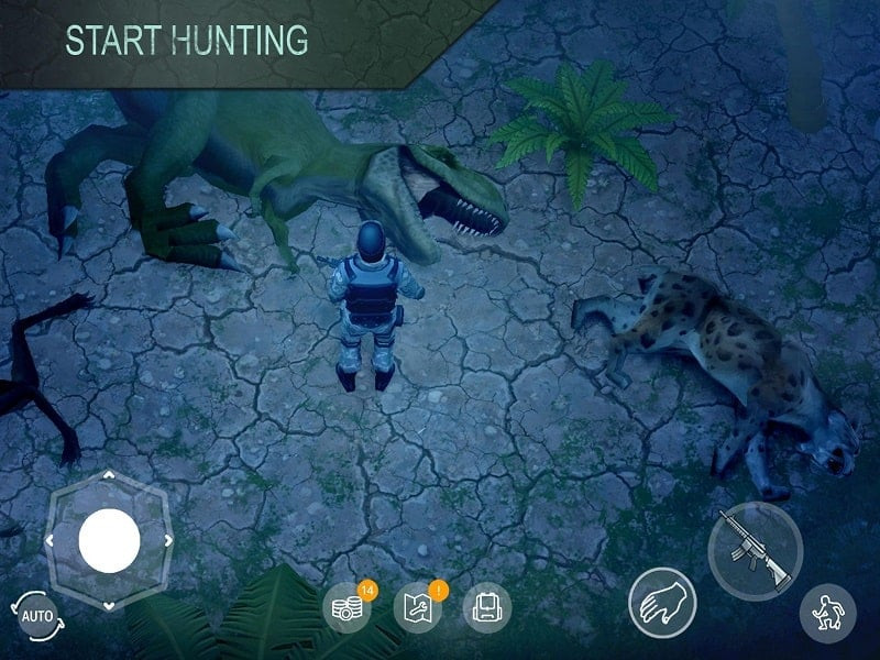 alt: Hình ảnh game Jurassic Survival với cảnh người chơi đang cưỡi khủng long