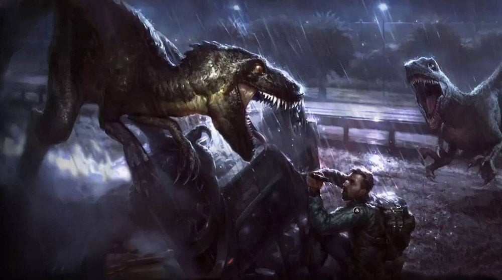 alt: Hình ảnh game Jurassic Survival với một người chơi đang đứng trước một con khủng long