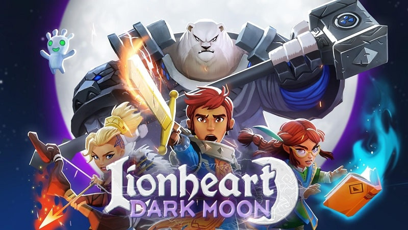 alt: Hình ảnh game Lionheart, hiển thị giao diện chiến đấu với các nhân vật anh hùng đối đầu với quái vật.