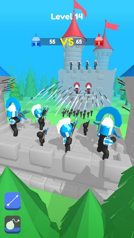 Merge Archers gameplay screenshot showing a powerfully equipped archer