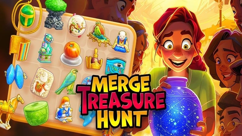 alt: Hình ảnh game Merge Treasure Hunt hiển thị giao diện chính với các đồ vật cổ và hoạt động ghép nối.