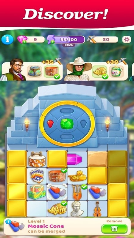 alt: Hình ảnh game Merge Treasure Hunt hiển thị tính năng mở khóa các vật phẩm mới bằng kim cương.