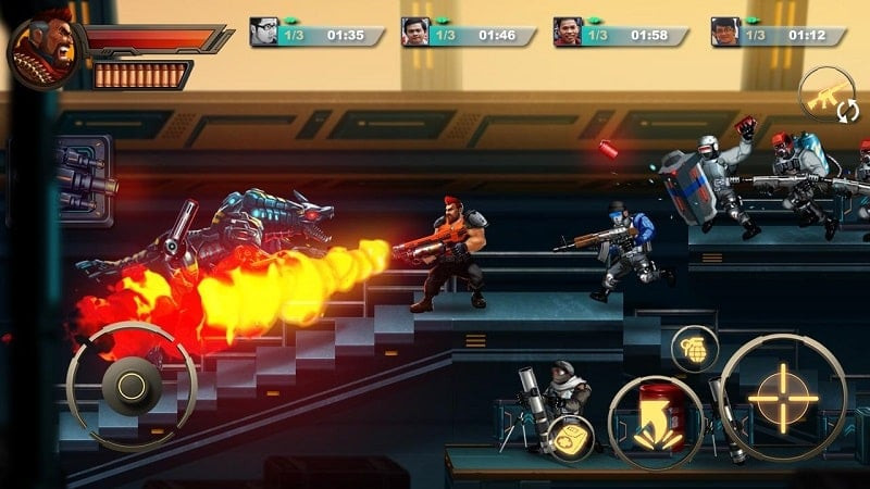 alt: Hình ảnh game Metal Squad MOD APK trên Android, nhân vật sử dụng súng phun lửa