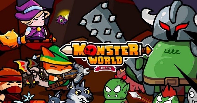 alt: Hình ảnh game Monster World hiển thị giao diện chính với một thợ săn và quái vật