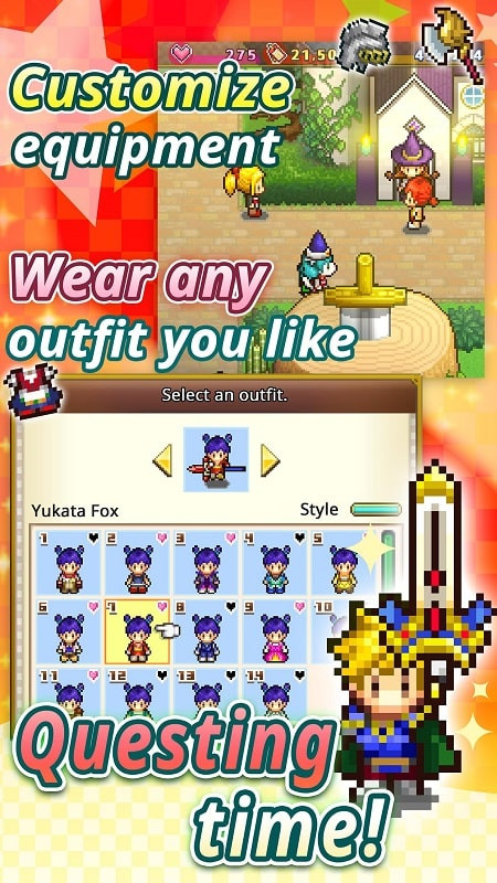 Quest Town Saga MOD APK free version screenshot showcasing different character costumes