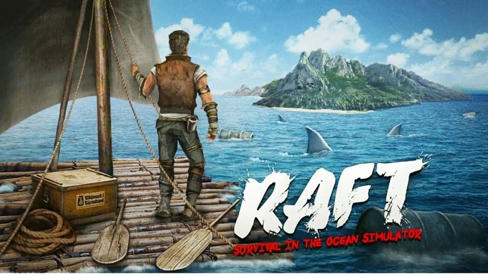 alt: Hình ảnh game Raft Survival: Ocean Nomad với nhân vật chính đứng trên bè gỗ giữa đại dương bao la.