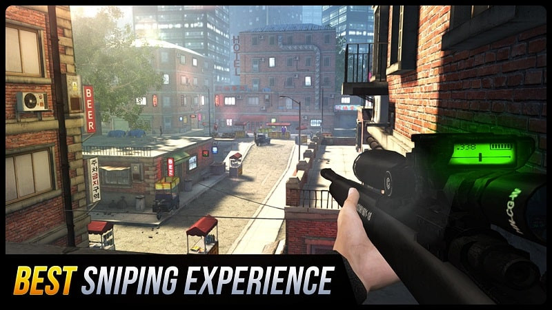 Sniper Honor gameplay screenshot showing the character aiming through a scope