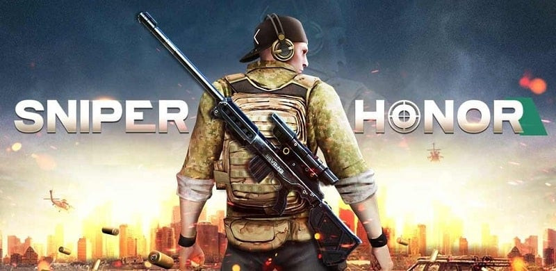 alt: Hình ảnh game Sniper Honor hiển thị giao diện chính với nhân vật chính cầm súng ngắm