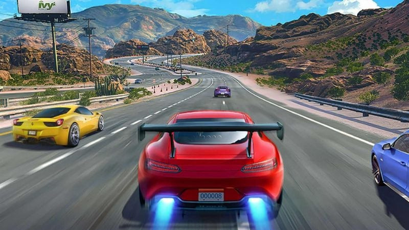 alt: Hình ảnh game Street Racing 3D với góc nhìn từ phía sau xe, cho thấy tốc độ và sự kịch tính của cuộc đua