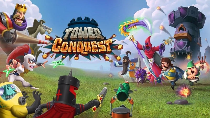 alt: Hình ảnh game Tower Conquest hiển thị giao diện chiến đấu với các đơn vị quân đội và tháp phòng thủ.