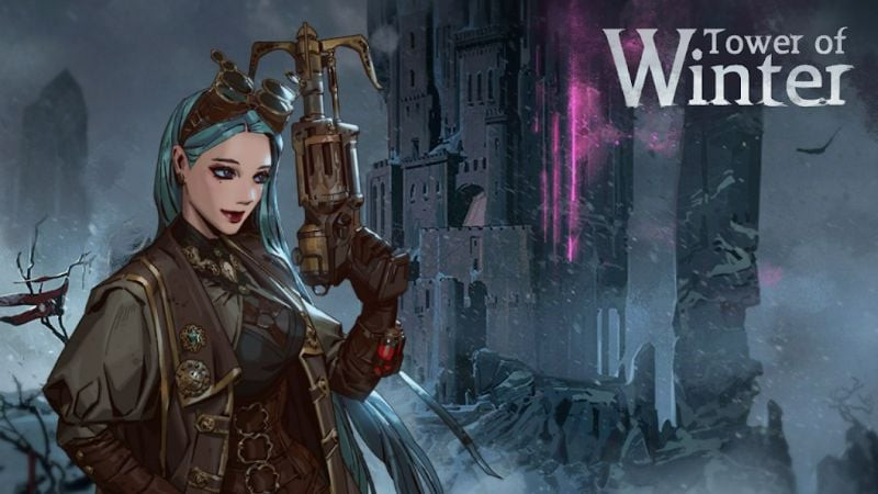 Alt: Hình ảnh game Tower of Winter với khung cảnh tuyết phủ trắng xóa và nhân vật chính đứng trước tòa tháp