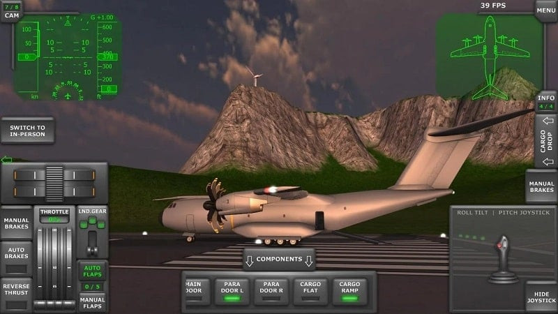 alt: Hình ảnh game Turboprop Flight Simulator 3D cho thấy máy bay đang hạ cánh xuống sân bay