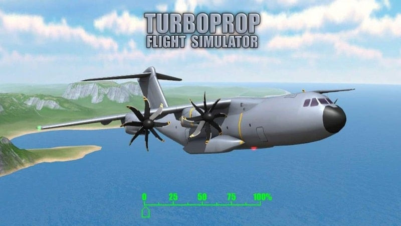 alt: Hình ảnh game Turboprop Flight Simulator 3D hiển thị máy bay đang bay trên bầu trời