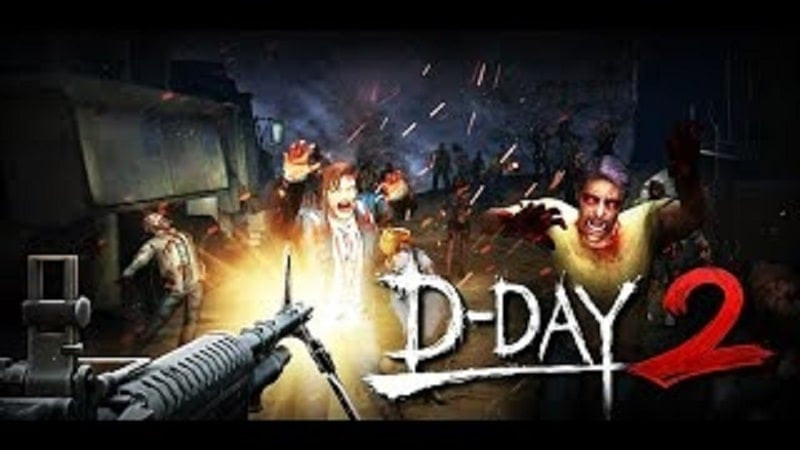 alt: Hình ảnh game Zombie Hunter D-Day2, một game bắn súng góc nhìn thứ nhất với bối cảnh hậu tận thế đầy zombie.