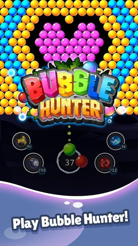 alt: Hình ảnh gameplay của Bubble Hunter MOD APK, hiển thị các quả bóng nhiều màu sắc và khẩu súng bắn bóng