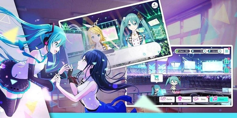 Alt: Hình ảnh gameplay của Hatsune Miku: Colorful Stage! cho thấy các nốt nhạc rơi xuống.