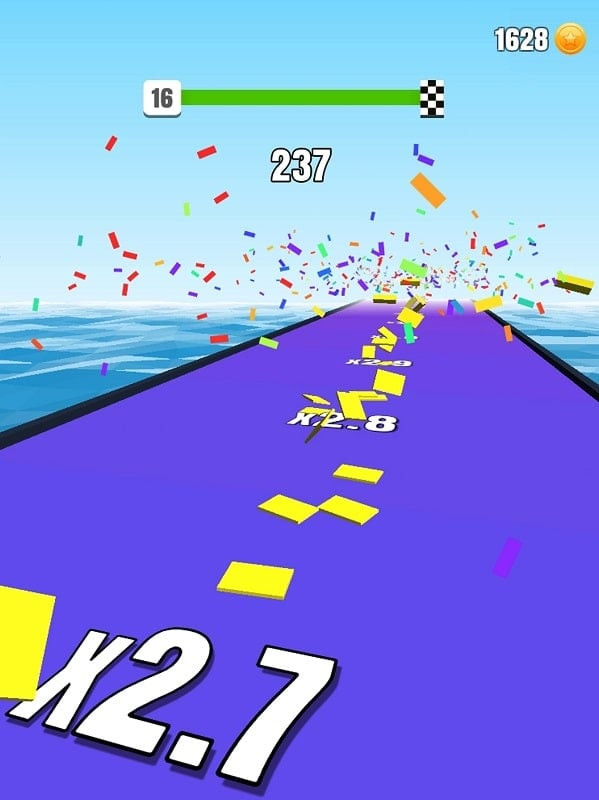 Stack Colors! gameplay showing the colored block approaching the finish line.