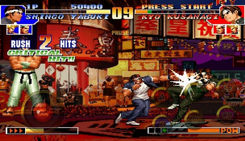 KOF '97 gameplay screenshot showing two characters fighting