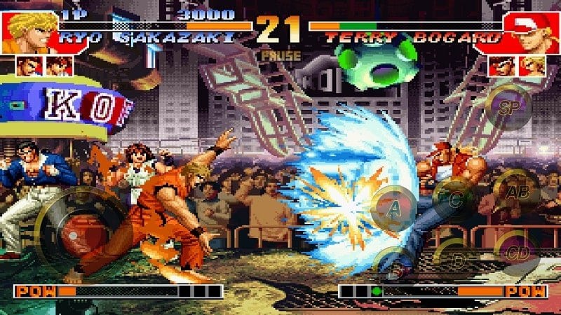 alt: Hình ảnh gameplay của The King of Fighters '97, tập trung vào hiệu ứng của một cú đấm mạnh