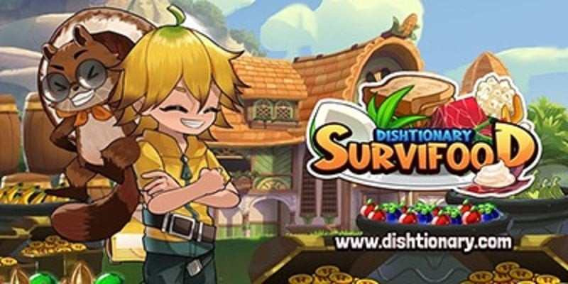 alt: Hình ảnh gameplay Dishtionary: Survifood, nhân vật chính đang câu cá bên bờ sông.