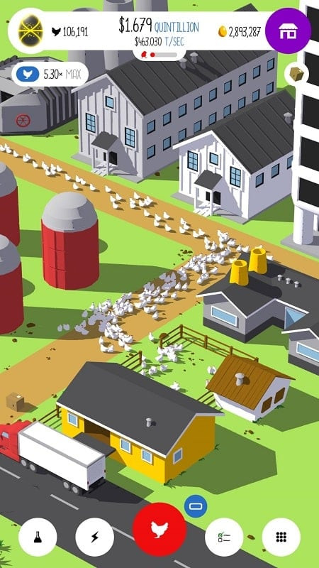 Egg, Inc. gameplay displaying the farm management interface and relevant statistics.