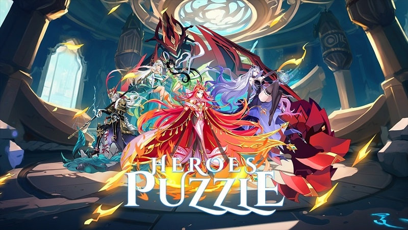 Heroes & Puzzles gameplay showcasing colorful battle effects.