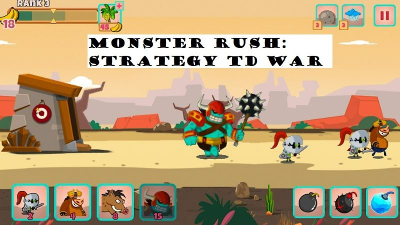 alt: Hình ảnh gameplay Monster Rush: Strategy TD war, cho thấy các anh hùng đang chiến đấu với quái vật