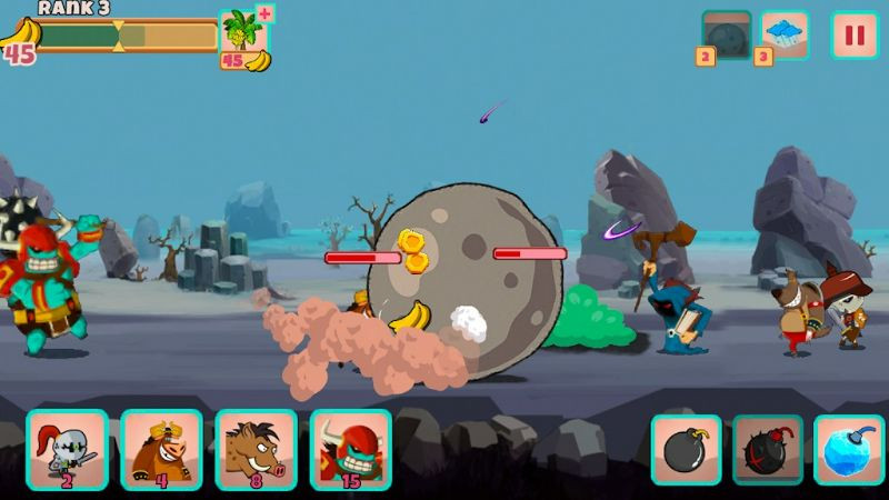 alt: Hình ảnh gameplay Monster Rush: Strategy TD war trên Android, cho thấy các anh hùng đang chiến đấu trong môi trường đa dạng