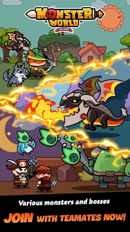 Monster World gameplay on Android phone showing combat against monsters