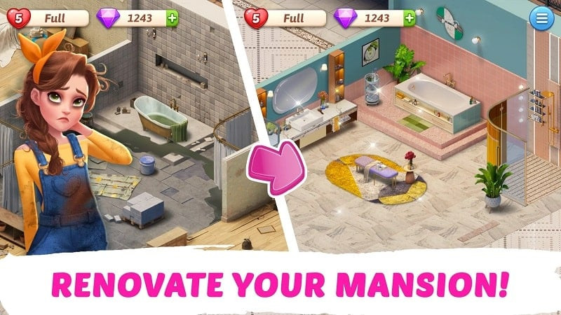 alt: Hình ảnh gameplay My Story - Mansion Makeover cho thấy màn chơi giải đố match-3