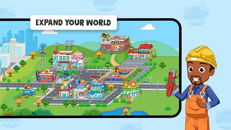 alt: Hình ảnh gameplay My Town World – Mega Doll City, thể hiện một nhân vật búp bê đang đứng trong một cửa hàng.