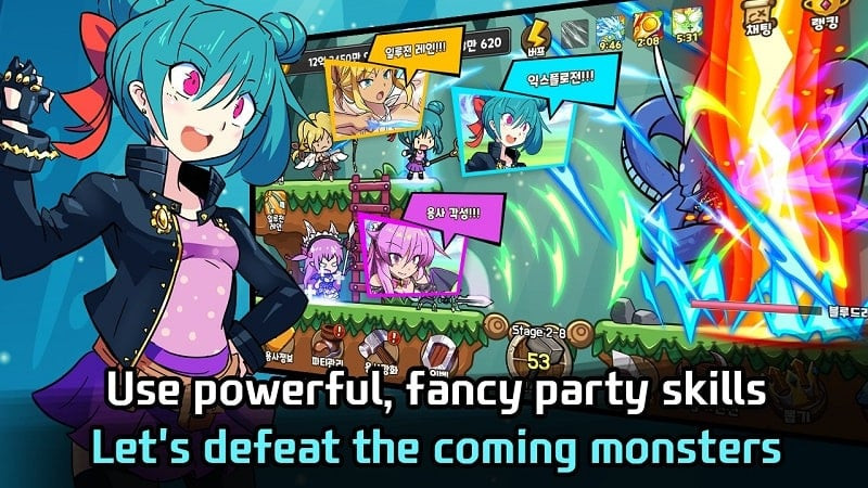 alt: Hình ảnh gameplay Party Hero với các nhân vật nữ anh hùng chiến đấu với quái vật