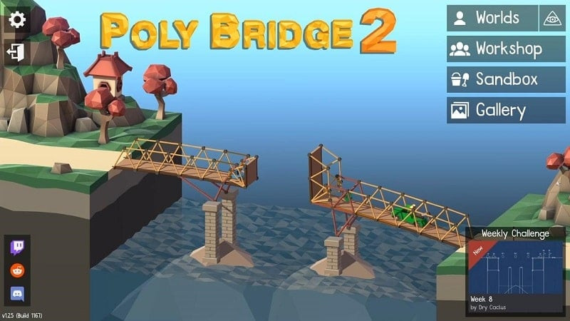 A complex suspension bridge in Poly Bridge 2 gameplay.