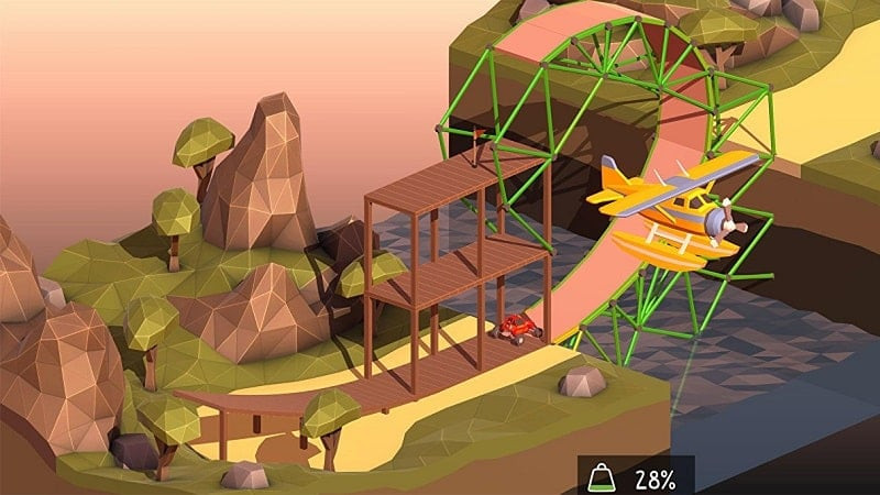 An ambulance crossing a bridge in Poly Bridge 2 gameplay.