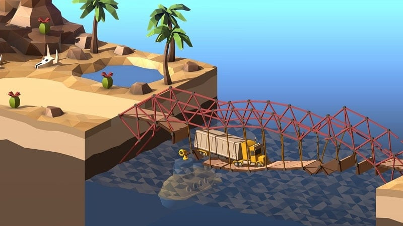 A car crossing a bridge in Poly Bridge 2 gameplay.