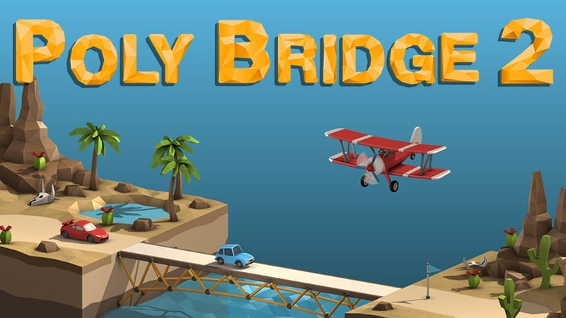 alt: Hình ảnh gameplay Poly Bridge 2, một chiếc xe tải đang vượt qua cây cầu treo