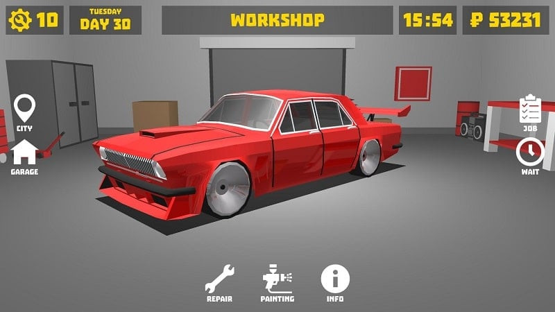 Retro Garage gameplay showing the car repair interface.